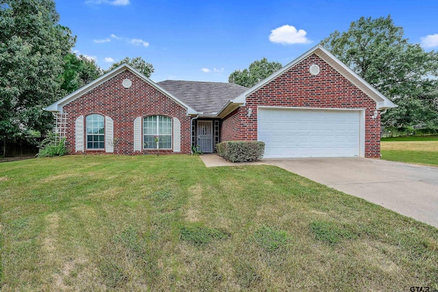 single story home with a garage and a front yard