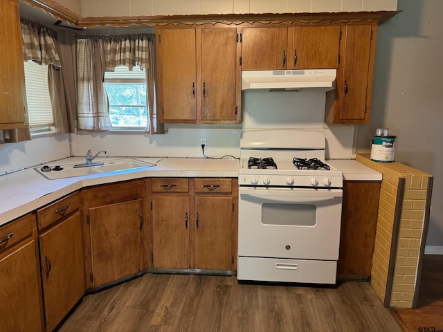 kitchen with white range with gas cooktop, sink, and dark hardwood / wood-style floors