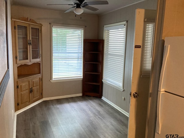 unfurnished dining area with ornamental molding, dark hardwood / wood-style floors, and ceiling fan