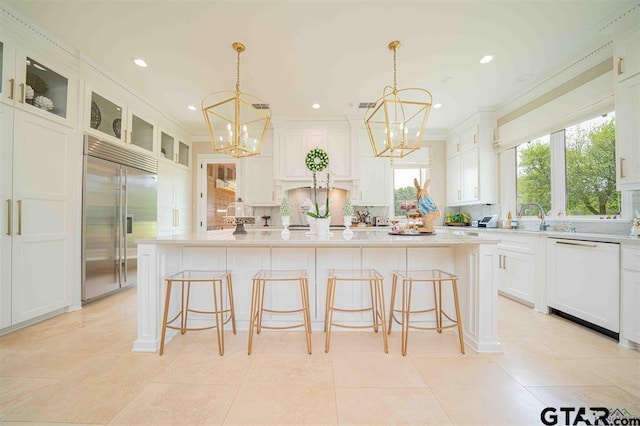 273 Fm 2276, Kilgore, TX 75662 - kitchen with dishwasher, a chandelier, white cabinetry, decorative backsplash, and stainless steel built in fridge