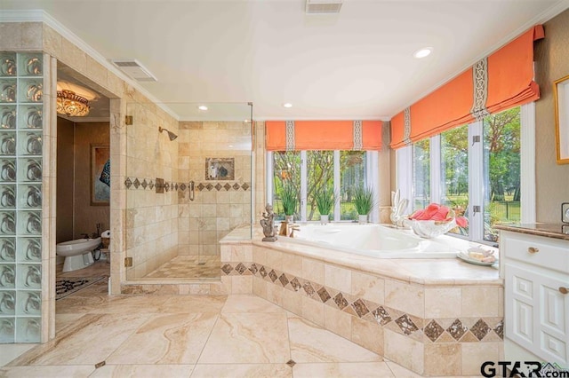 273 Fm 2276, Kilgore, TX 75662 - bathroom featuring a garden tub, a bidet, visible vents, crown molding, and a stall shower
