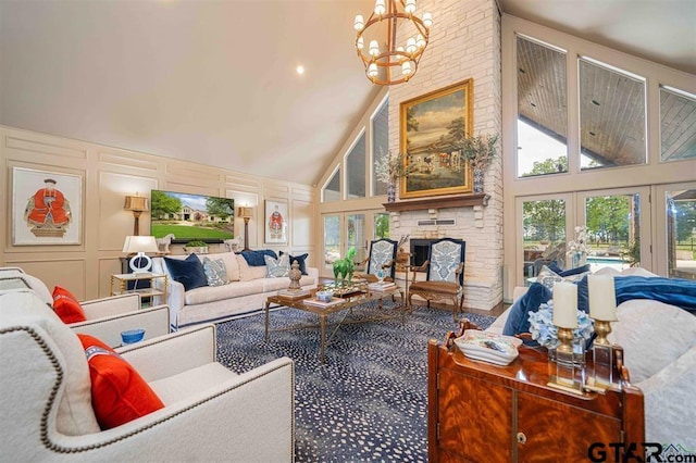273 Fm 2276, Kilgore, TX 75662 - living area featuring an inviting chandelier, high vaulted ceiling, plenty of natural light, and a decorative wall