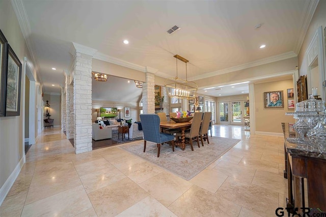 273 Fm 2276, Kilgore, TX 75662 - dining space with crown molding, an inviting chandelier, baseboards, ornate columns, and visible vents