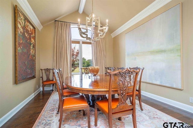 273 Fm 2276, Kilgore, TX 75662 - dining space with an inviting chandelier, crown molding, baseboards, dark wood-style floors, and lofted ceiling with beams