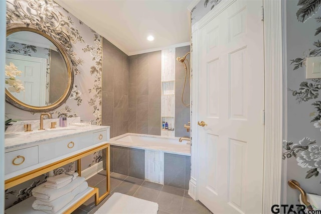 273 Fm 2276, Kilgore, TX 75662 - bathroom featuring tile patterned flooring, crown molding, vanity, wallpapered walls, and tiled shower / bath combo