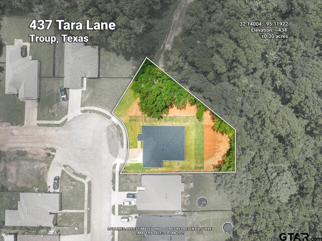 437 Tara Ln, Troup, TX 75789 - aerial overview of property's location featuring property boundaries highlighted