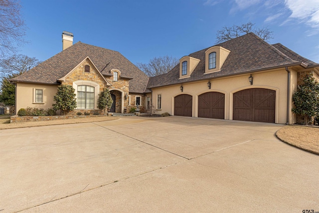 french country inspired facade with a garage