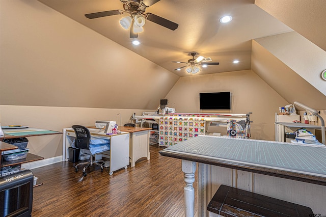 office with ceiling fan, dark hardwood / wood-style floors, and lofted ceiling