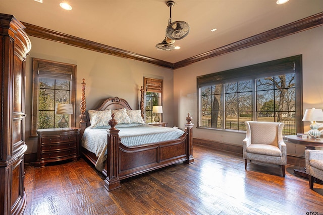 bedroom with crown molding and dark wood-type flooring