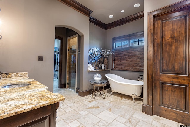 bathroom featuring vanity, ornamental molding, and plus walk in shower