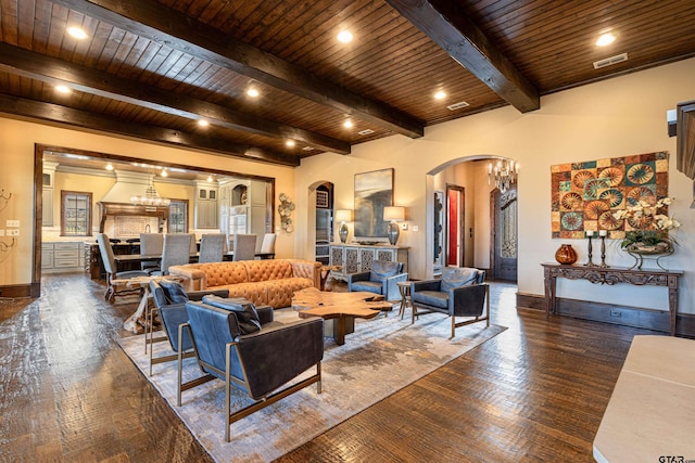 living room featuring wood ceiling, an inviting chandelier, and dark wood-type flooring