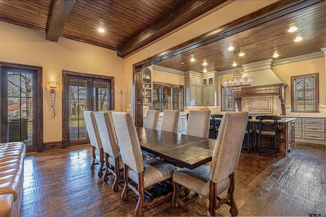 dining space with beamed ceiling, dark hardwood / wood-style flooring, ornamental molding, and wood ceiling