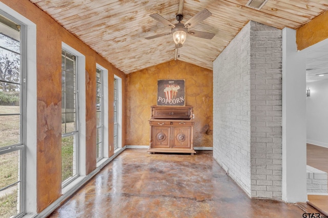 unfurnished sunroom featuring vaulted ceiling, ceiling fan, and wood ceiling