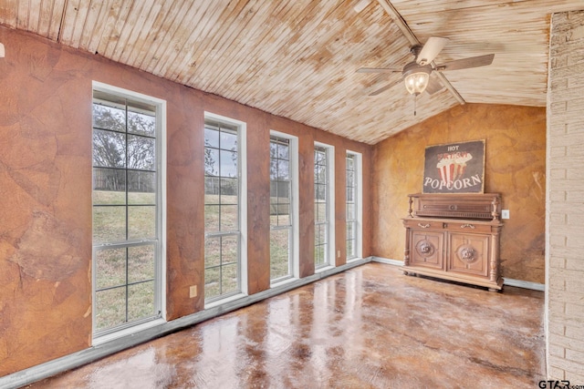 unfurnished sunroom with ceiling fan, wood ceiling, and lofted ceiling