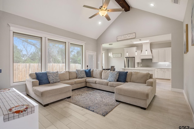 living room featuring beam ceiling, ceiling fan, high vaulted ceiling, and light hardwood / wood-style floors