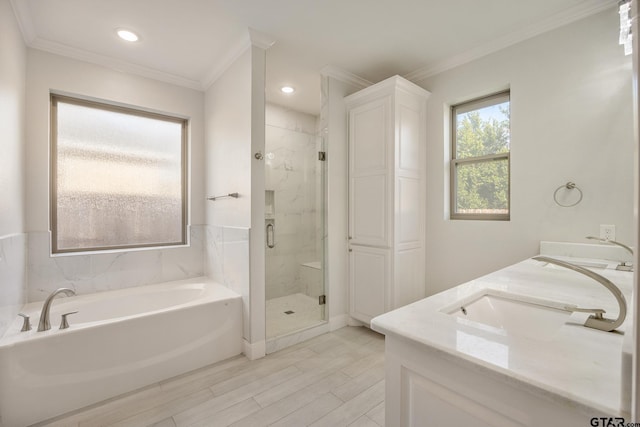 bathroom featuring ornamental molding, vanity, and independent shower and bath