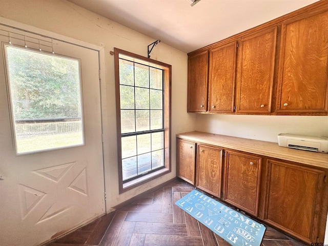 doorway with dark parquet floors and a wealth of natural light