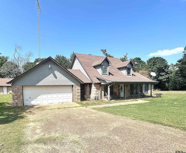 cape cod house with a garage, a front yard, and a porch