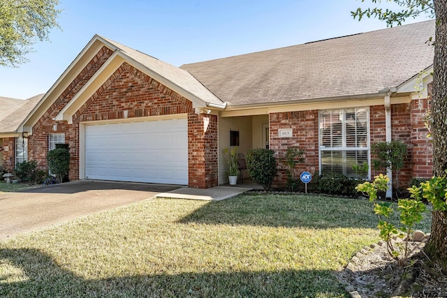 ranch-style house with a garage and a front yard