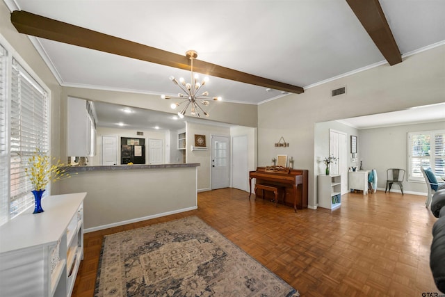 living room with beam ceiling, dark parquet flooring, ornamental molding, and a notable chandelier