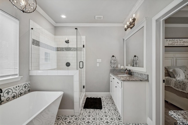 ensuite bathroom featuring baseboards, ensuite bath, ornamental molding, and a shower stall