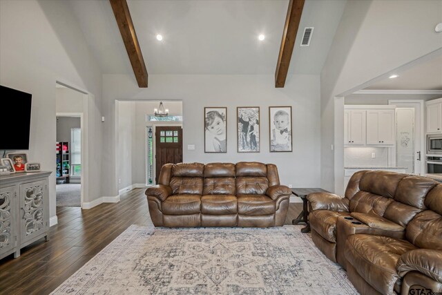 living room with dark wood-style flooring, visible vents, beamed ceiling, baseboards, and a notable chandelier