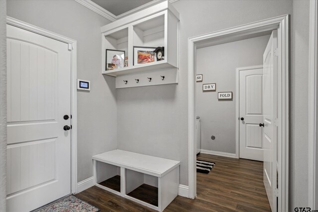 mudroom featuring dark wood-style flooring, ornamental molding, and baseboards
