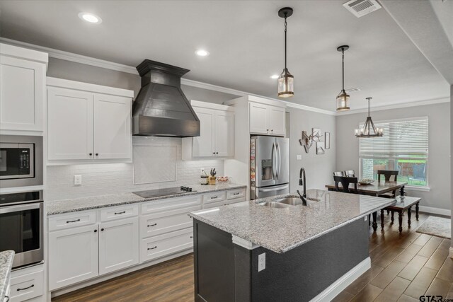 kitchen featuring premium range hood, dark wood-type flooring, a sink, visible vents, and appliances with stainless steel finishes