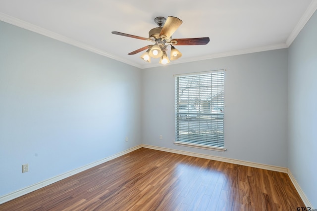 unfurnished room featuring wood-type flooring, ceiling fan, and crown molding