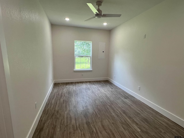 180 Lovers Ln, Alto, TX 75925 - unfurnished room featuring dark wood finished floors, a ceiling fan, electric panel, and recessed lighting