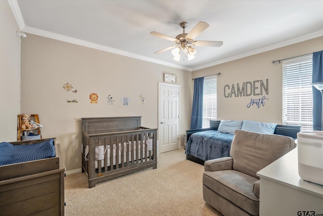 3109 Granbury Ct, Tyler, TX 75707 - bedroom featuring light carpet, crown molding, and a ceiling fan