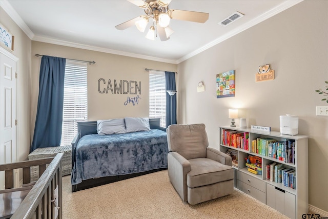 3109 Granbury Ct, Tyler, TX 75707 - bedroom with crown molding, carpet floors, and a ceiling fan