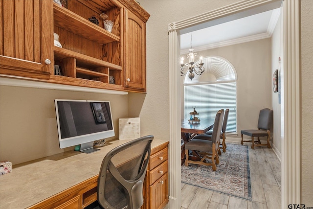 3109 Granbury Ct, Tyler, TX 75707 - office with crown molding, a chandelier, light wood-style flooring, and built in study area
