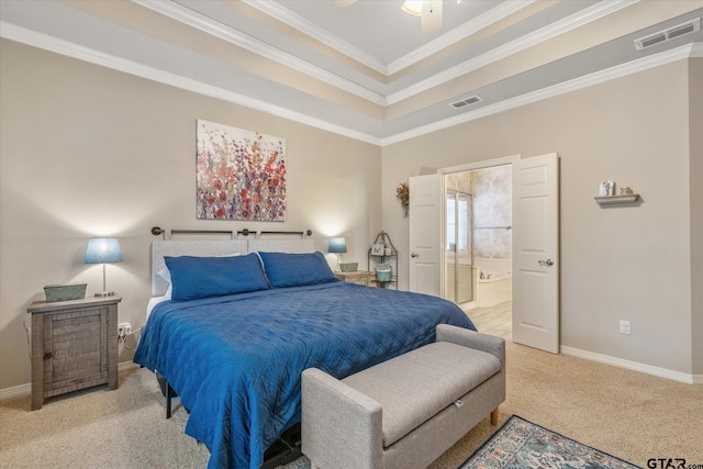 3109 Granbury Ct, Tyler, TX 75707 - bedroom with light carpet, ornamental molding, ensuite bath, and a raised ceiling