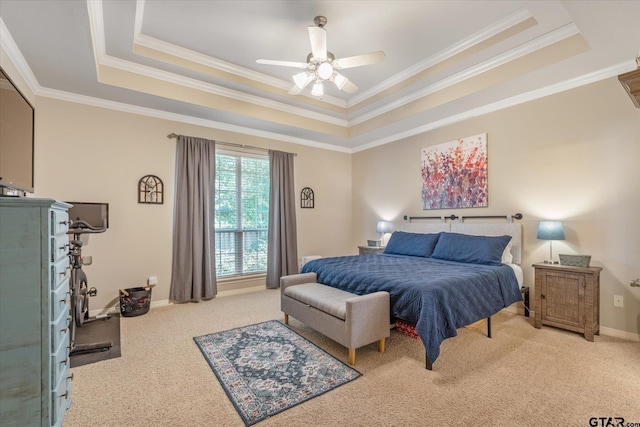 3109 Granbury Ct, Tyler, TX 75707 - bedroom with a raised ceiling, light colored carpet, crown molding, and a ceiling fan