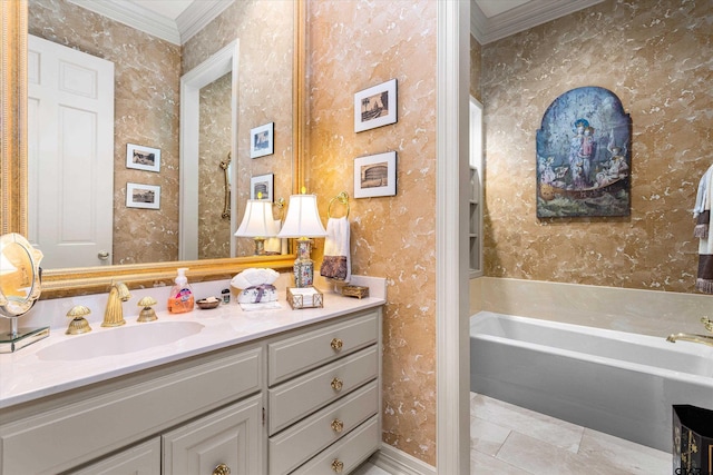 bathroom featuring vanity, a bathtub, and crown molding