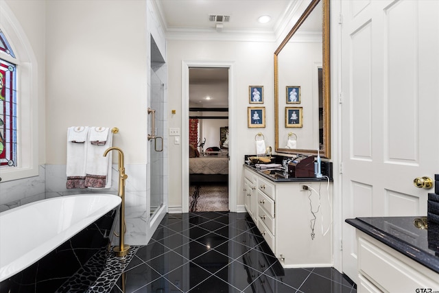 bathroom with plus walk in shower, vanity, tile patterned floors, and crown molding