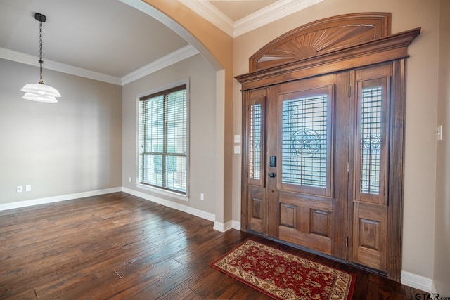 entryway featuring dark hardwood / wood-style floors and ornamental molding