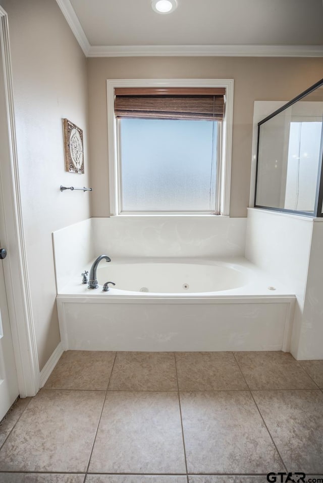 bathroom featuring crown molding, separate shower and tub, and tile patterned flooring