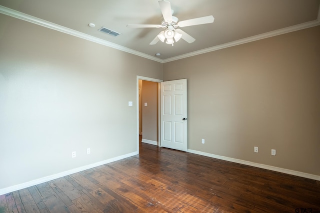 unfurnished room with ceiling fan, dark hardwood / wood-style flooring, and ornamental molding