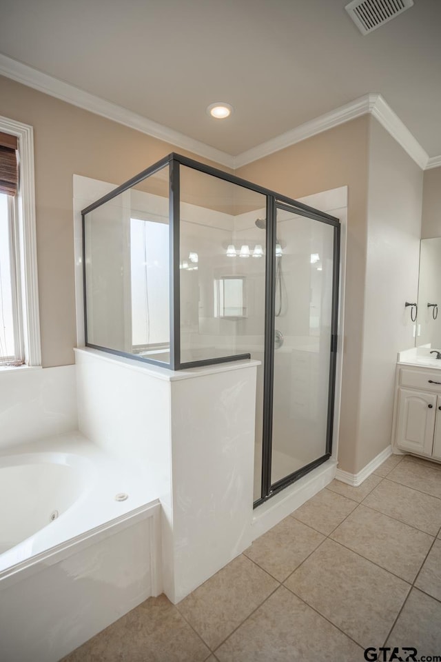 bathroom with vanity, tile patterned floors, crown molding, and shower with separate bathtub