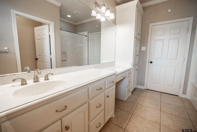 bathroom with vanity, tile patterned flooring, a shower, and crown molding