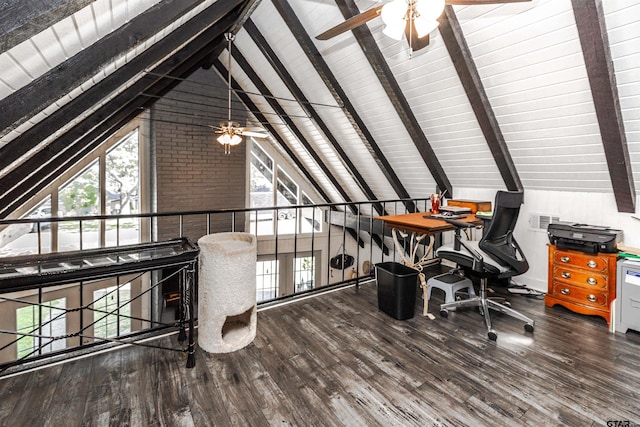 office with vaulted ceiling with beams and dark hardwood / wood-style floors