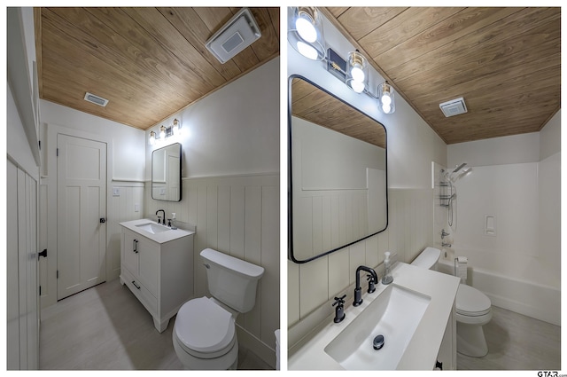 2505 Merry Ln, Tyler, TX 75701 - bathroom with wooden ceiling, wainscoting, vanity, and shower / washtub combination