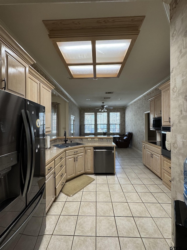 kitchen featuring light tile patterned flooring, light brown cabinetry, crown molding, kitchen peninsula, and black appliances