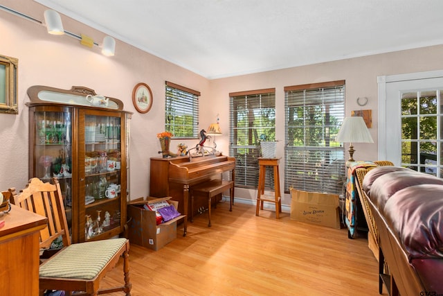 sitting room with ornamental molding and light hardwood / wood-style flooring