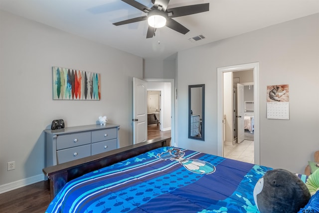 bedroom featuring ceiling fan and light hardwood / wood-style flooring