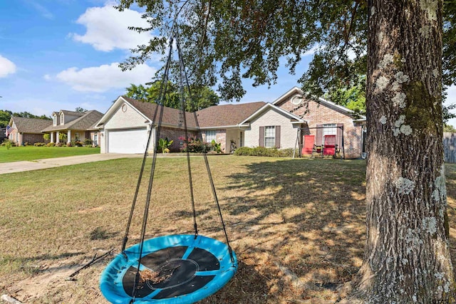 ranch-style home with a garage and a front lawn