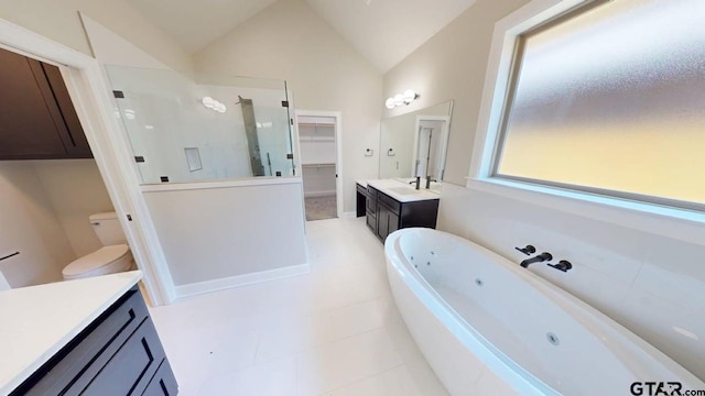 19346 Aida Dr, Flint, TX 75762 - full bathroom featuring a stall shower, vanity, a jetted tub, a walk in closet, and lofted ceiling