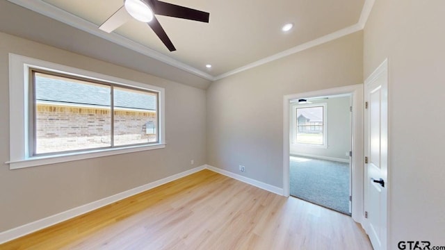 19346 Aida Dr, Flint, TX 75762 - empty room featuring ornamental molding, light wood-type flooring, a ceiling fan, and recessed lighting